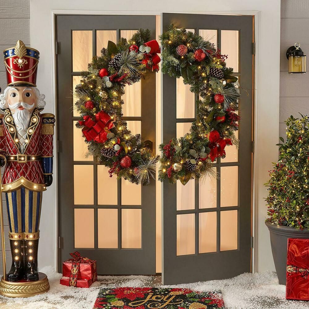 christmas decor for double doors Christmas 48 Inch Pre Lit Decorated Wreath 2 Halves Fit on French Doors