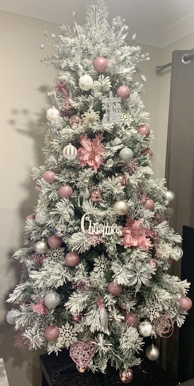 pink decor christmas tree 2018 Christmas tree pastel pink, silver and white snowy tree gold