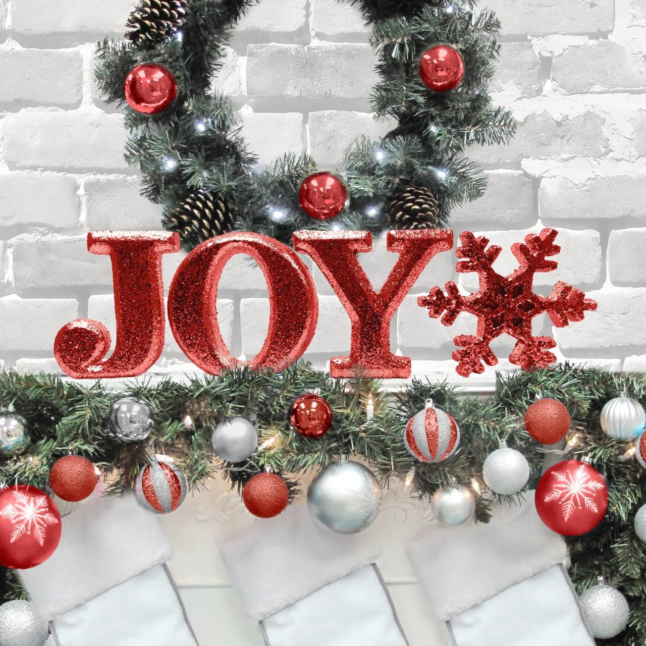 jingles and joy christmas decor Holiday Time Christmas Decor 8" Decorative JOY Letter Set, Glitter Red