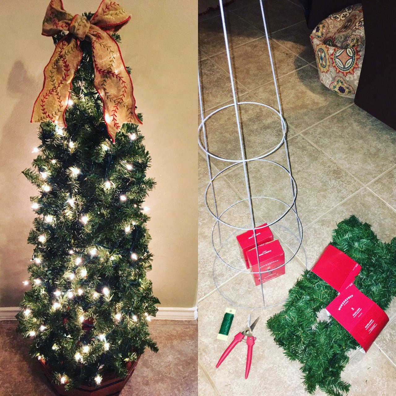 tomato cage christmas decor Tomato cage Christmas tree. 5 pieces of garland and two strands of 100