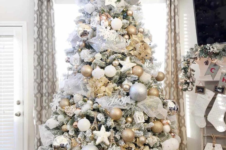 christmas decorating ideas silver and gold Beautiful Silver and Gold Christmas Tree Decorations with a White Tree