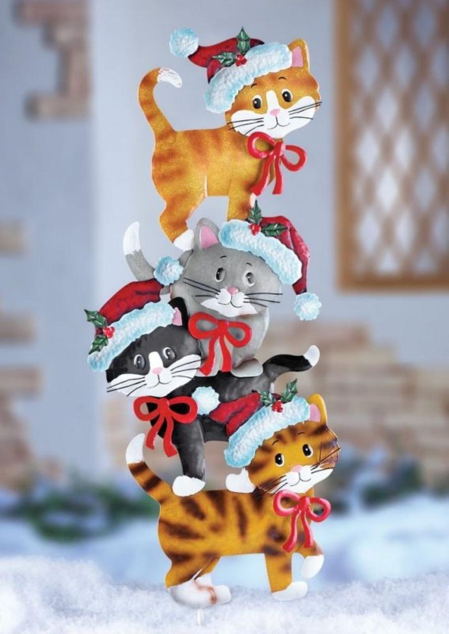 christmas outdoor decorations cat Cats Whimsical Cute Festive Metal Cat Wearing Santa Hats Christmas