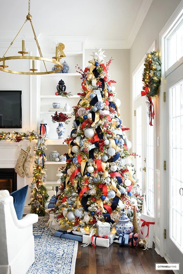 red blue christmas decor Sophisticated Blue and Red Christmas Tree CITRINELIVING