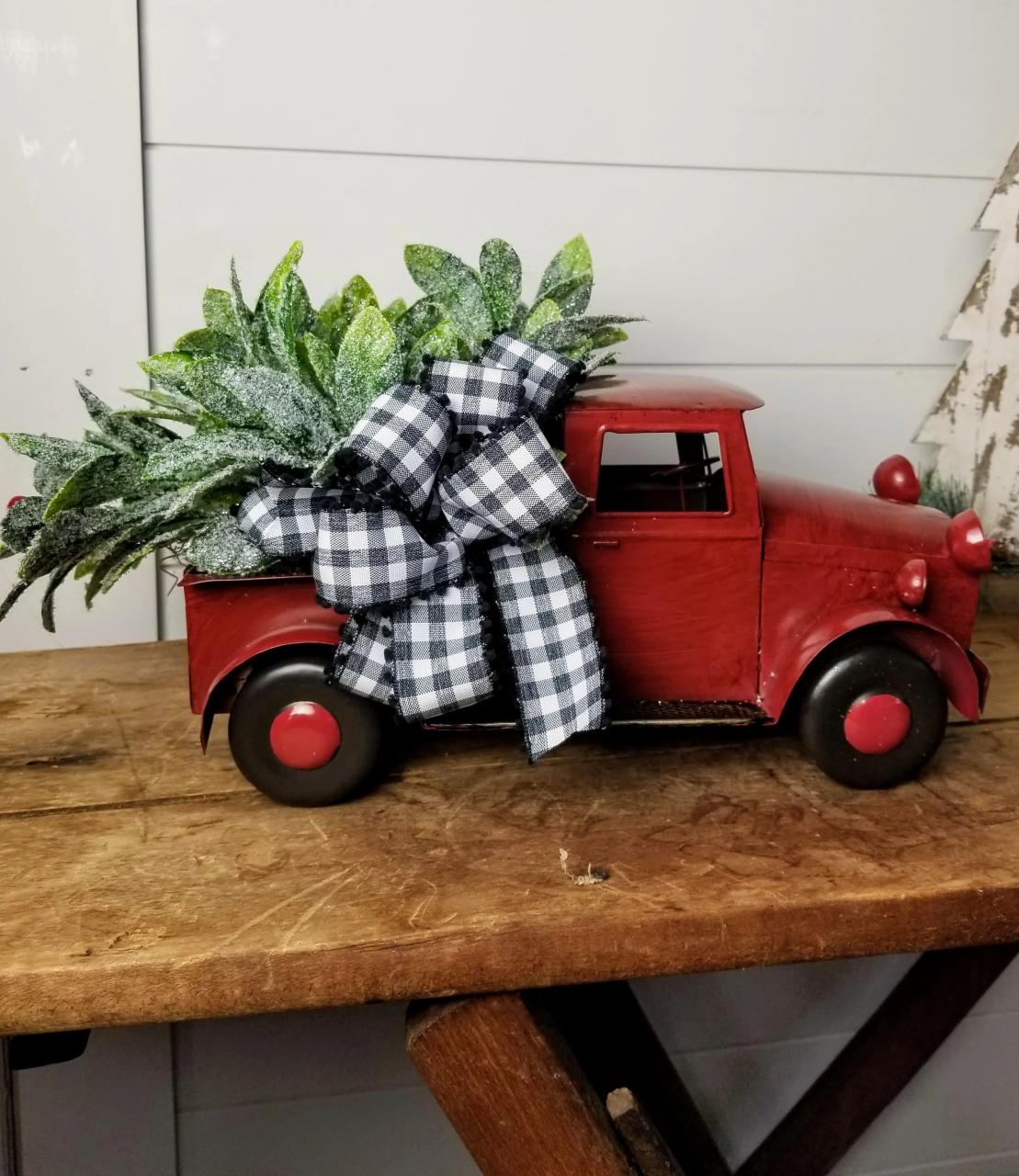 metal christmas truck decor Red Metal Truck Christmas Centerpiece FarmHouse Florals