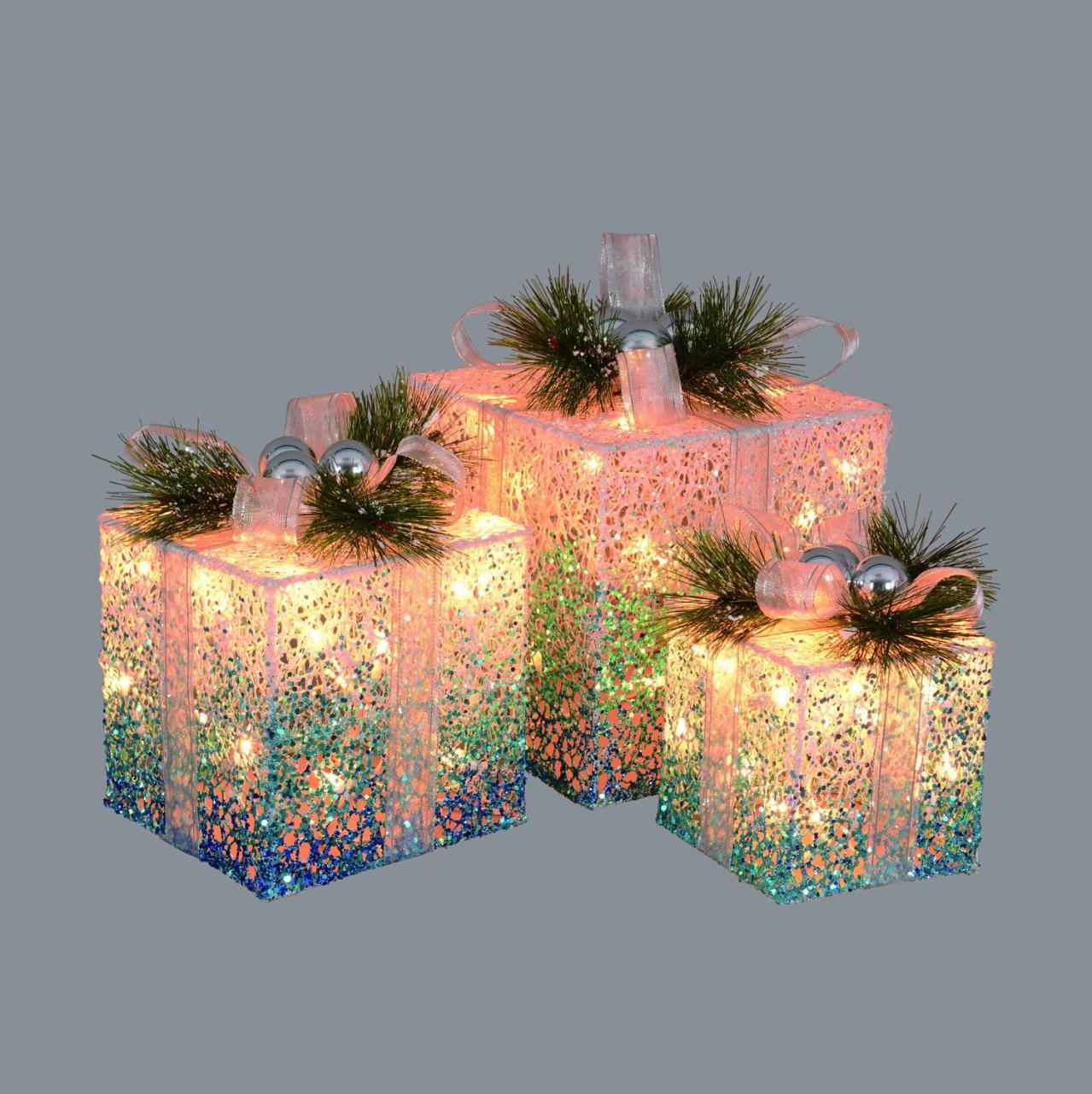 christmas outdoor decorations lighted gift boxes Set of 3 Blue and White Decorative Lighted Christmas Gift Boxes Yard