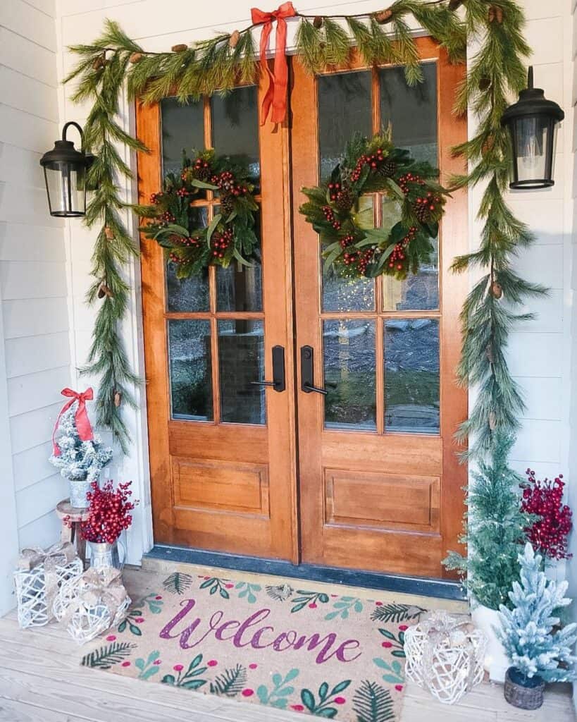 christmas decor for double doors Wood Double Doors With Christmas Entrance Door Décor Soul & Lane