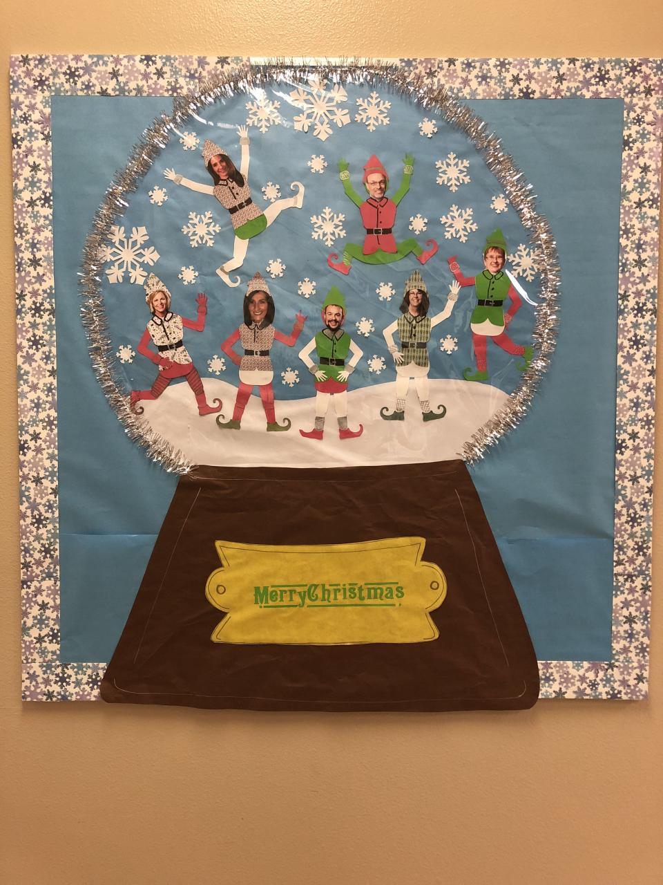 christmas decoration ideas on board Snow globe bulletin board for Christmas with admin staff as elves