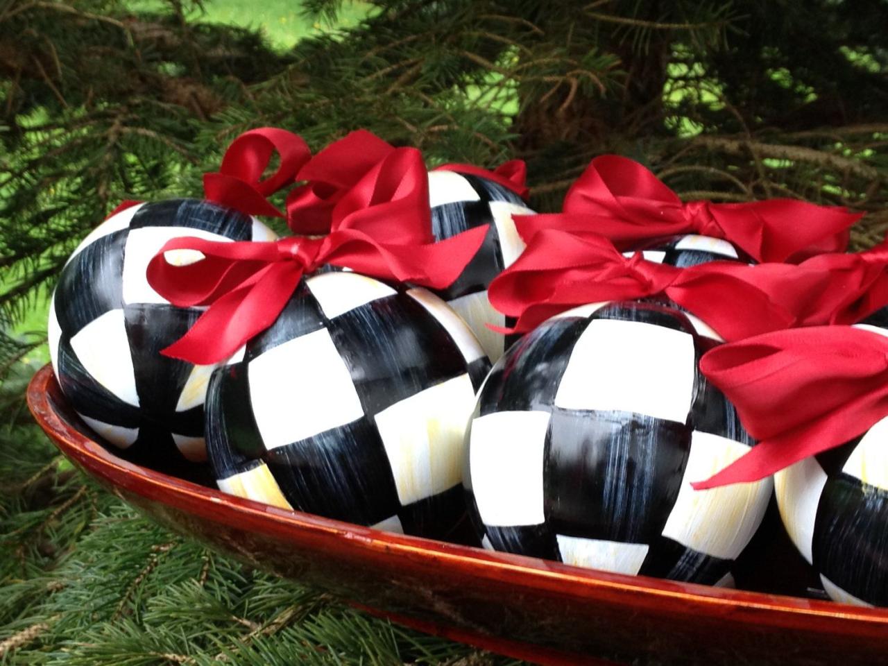 black and white check christmas decor Hand Painted Black & White Check Christmas Ornament 4" Shatterproof