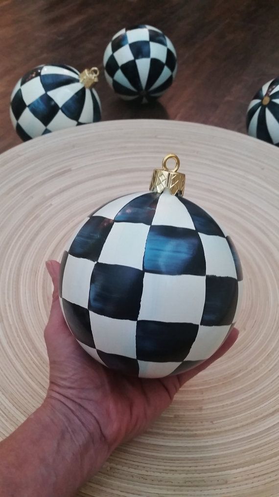 black and white check christmas decor Christmas Ornament Hand Painted Black and White Checks Ornament