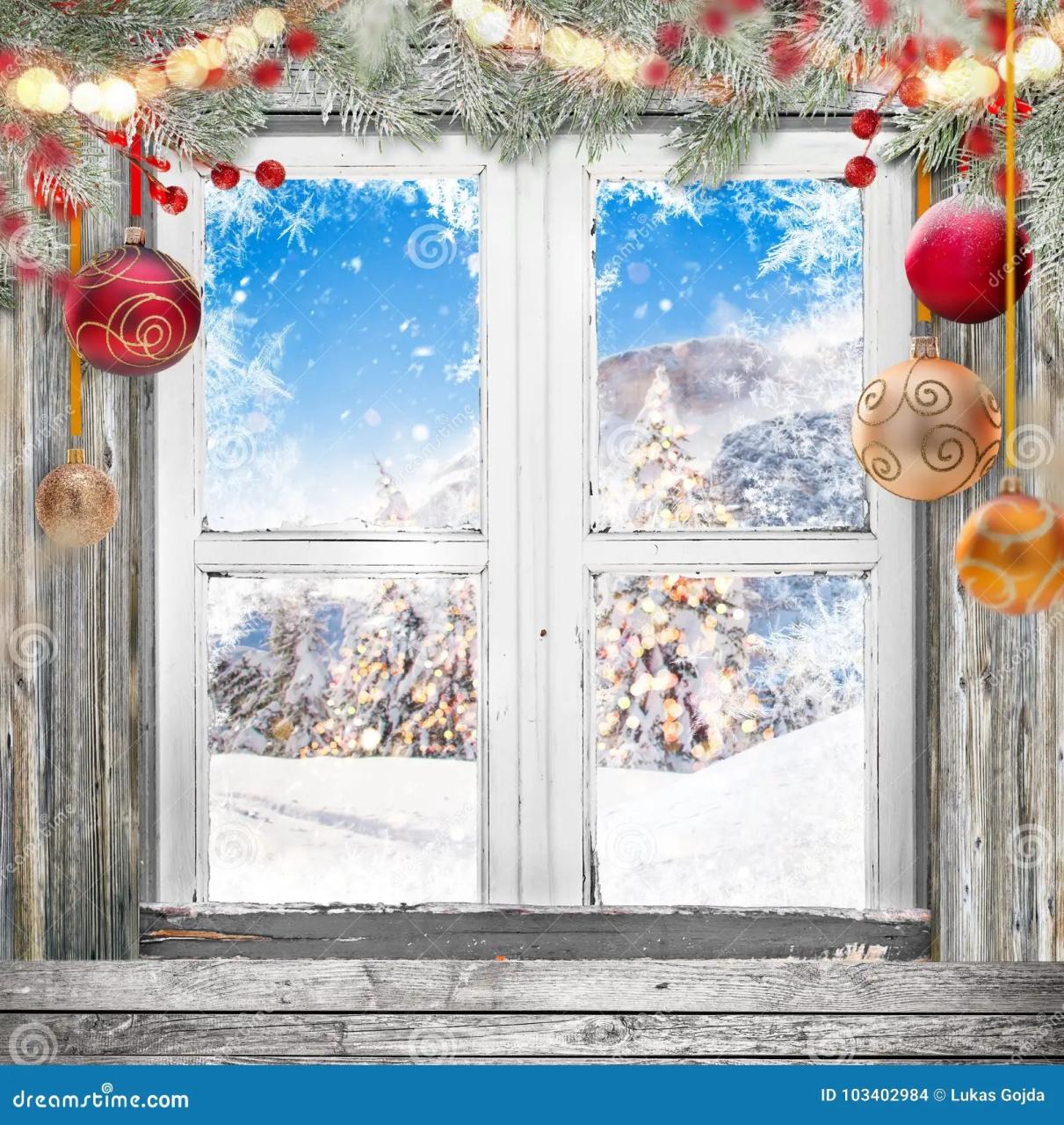 christmas decor with old windows Christmas Old White Window with Decorations. Stock Photo Image of