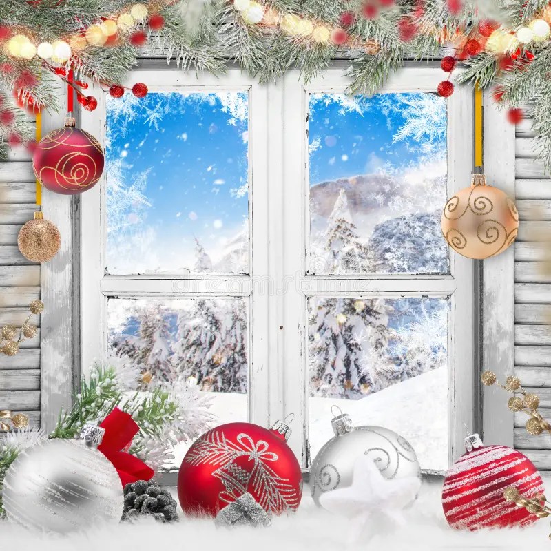 christmas decor with old windows Christmas Old White Window with Decorations. Stock Image Image of