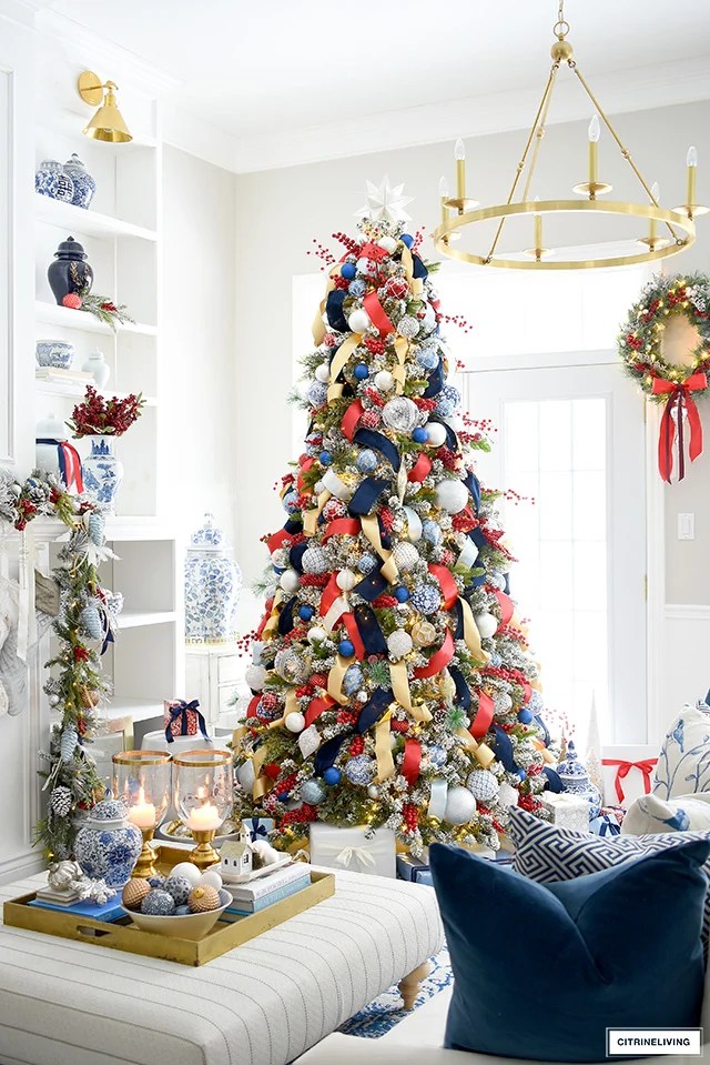 red blue christmas decor Sophisticated Blue and Red Christmas Tree CITRINELIVING