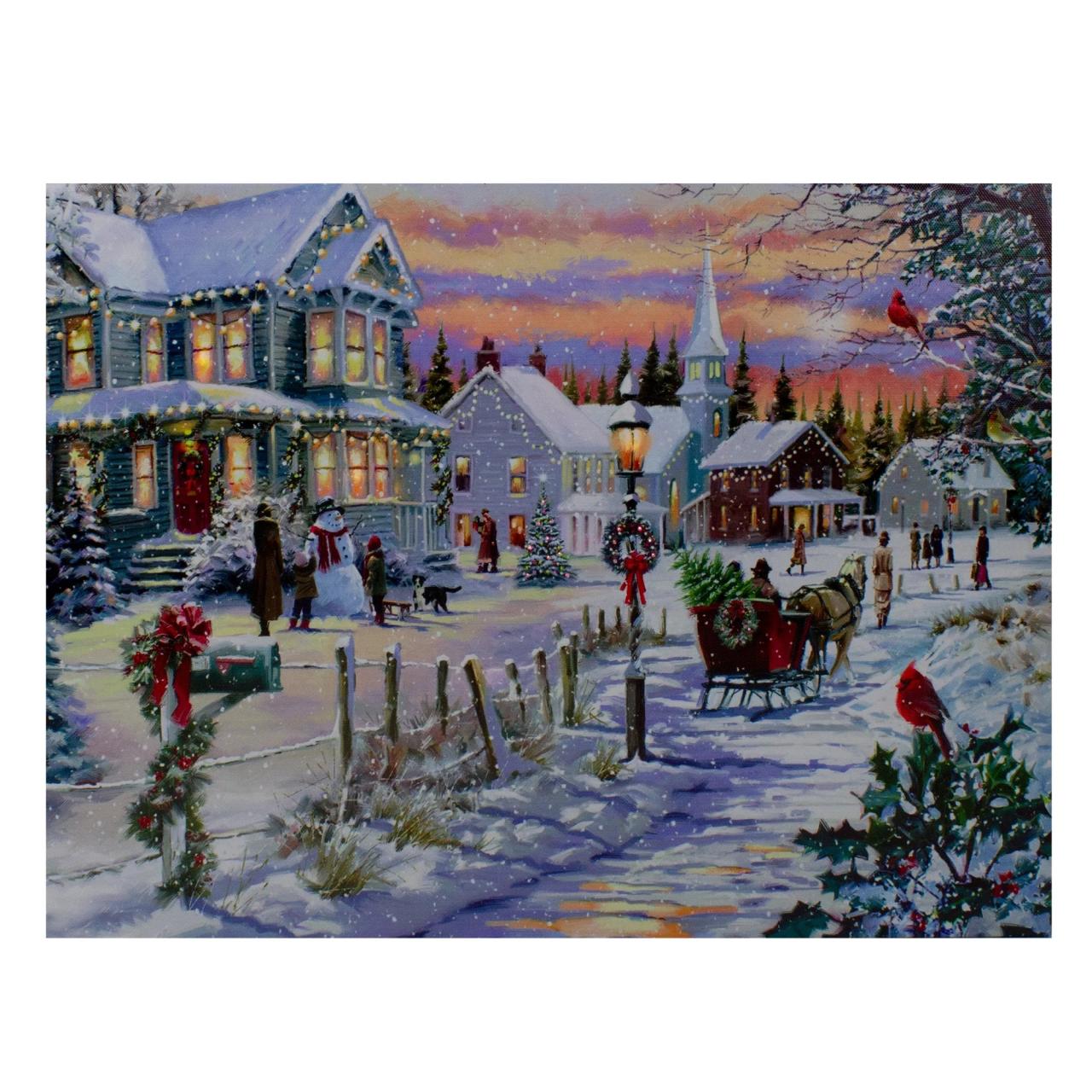 led christmas wall decor Fiber Optic and LED Lighted Snowy Christmas Village Canvas Wall Art 11.