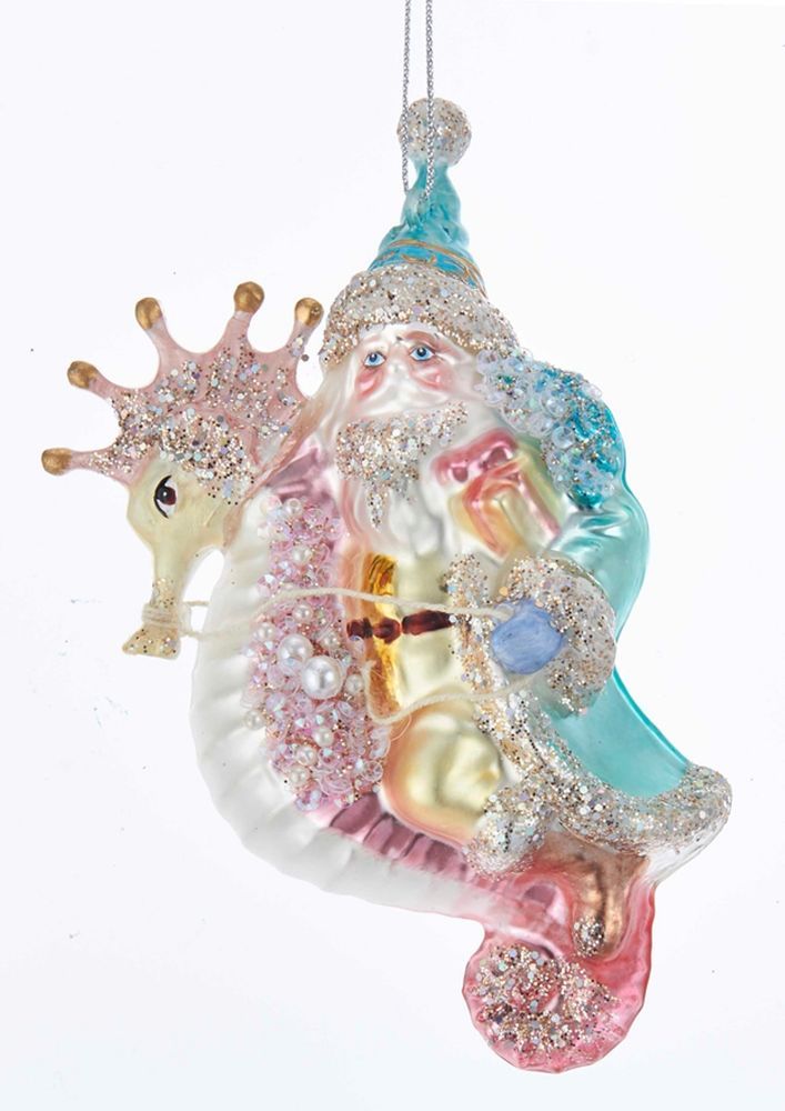 kurt adler christmas decor Kurt Adler Old World Santa Riding Pink Seahorse Holiday Ornament Glass