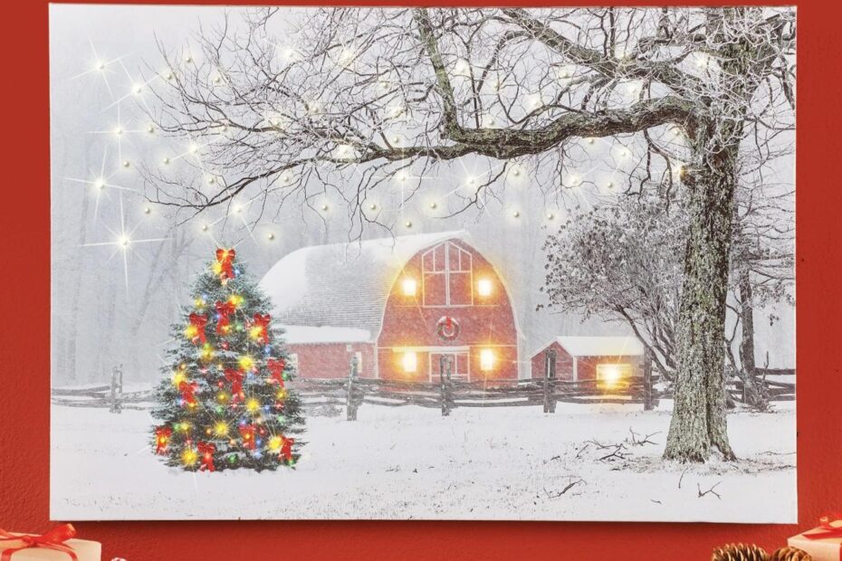 led christmas wall decor LED Lighted Canvas Wall Art Snowy Christmas Barn