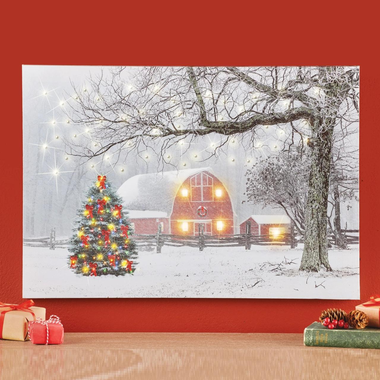 led christmas wall decor LED Lighted Canvas Wall Art Snowy Christmas Barn