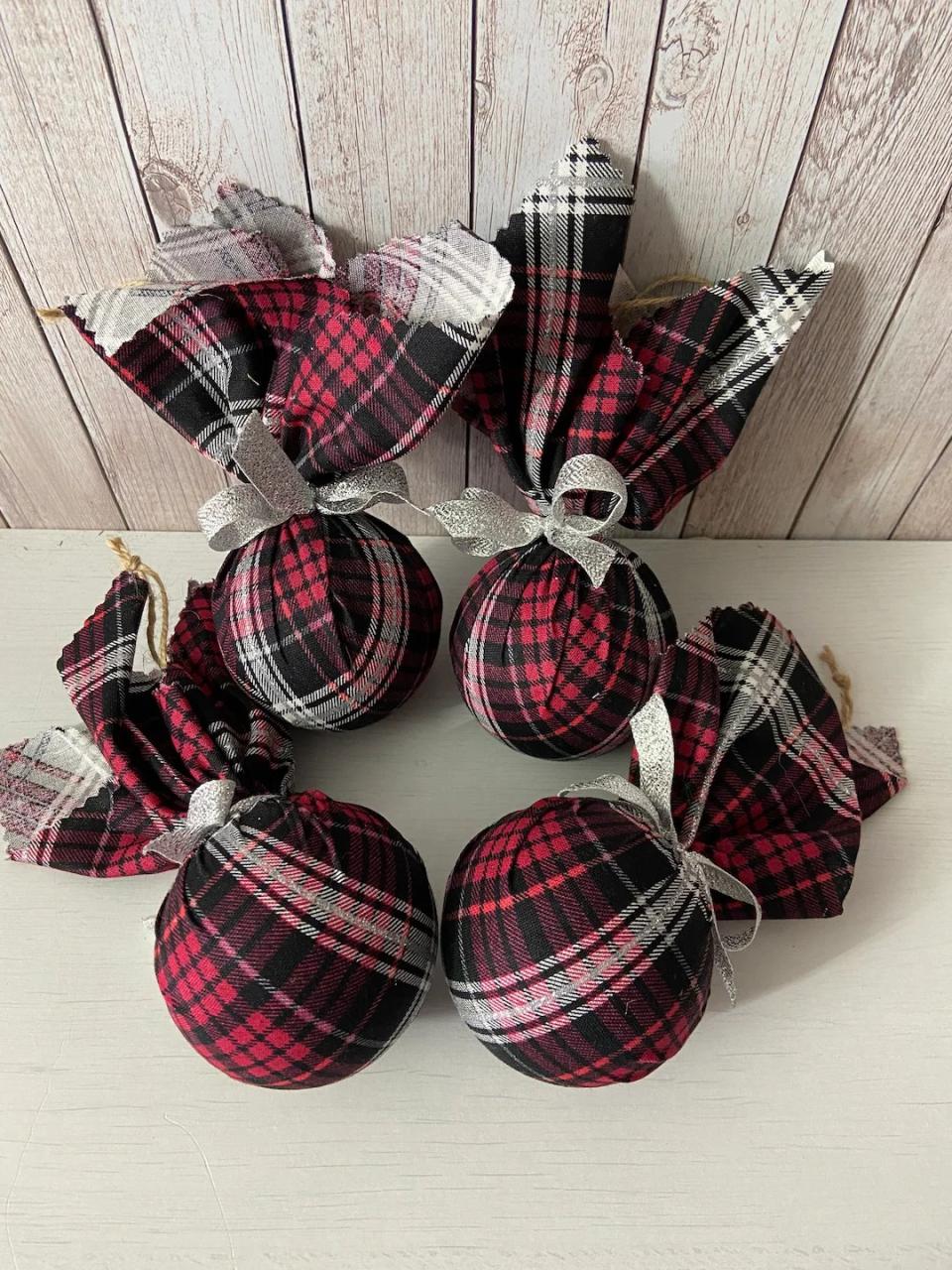 christmas decor red and black plaid Plaid Christmas Ornaments, Black Red and Silver Christmas Ornaments