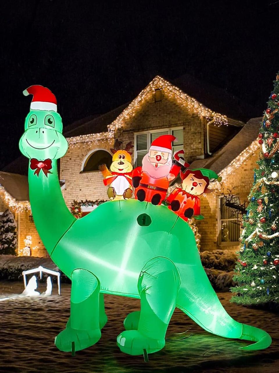 dinosaur christmas decorations outdoor Yard Decoration 7ft Christmas Dinosaur With Elk Elf Santa Etsy