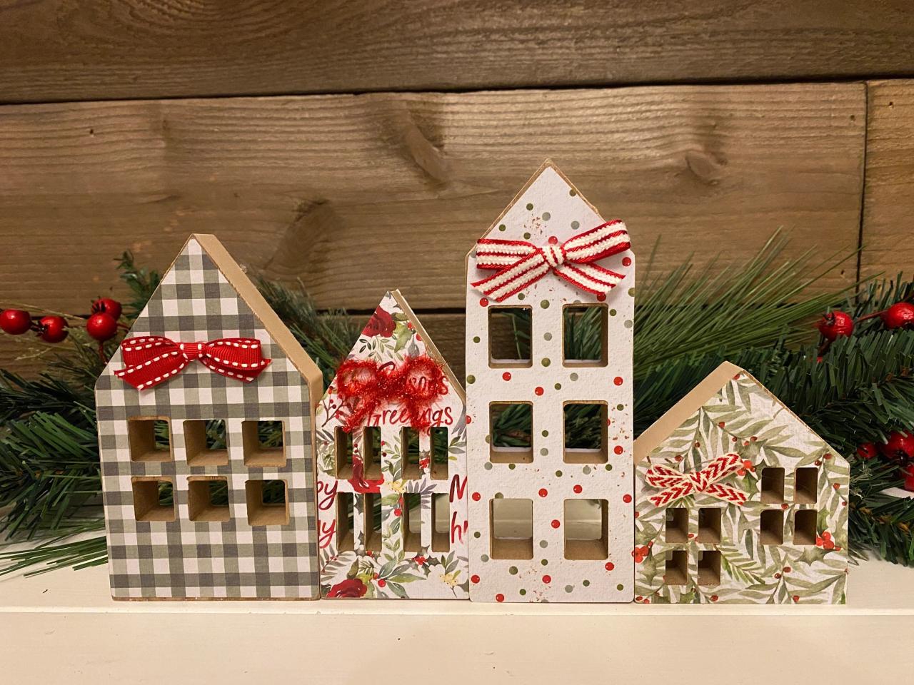 wooden houses christmas decor Wood Christmas Houses Set of 4 Christmas Decor Rustic Etsy