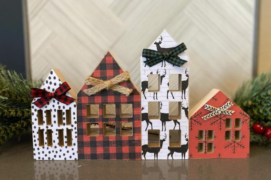 wooden houses christmas decor Wood Christmas Houses Set of 4 Christmas Decor Rustic Etsy