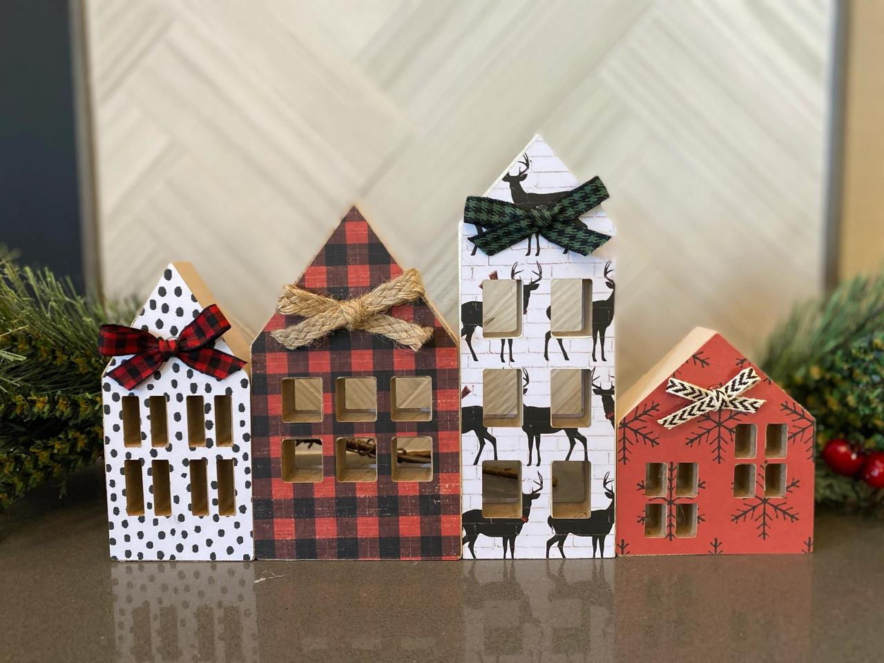 wooden houses christmas decor Wood Christmas Houses Set of 4 Christmas Decor Rustic Etsy