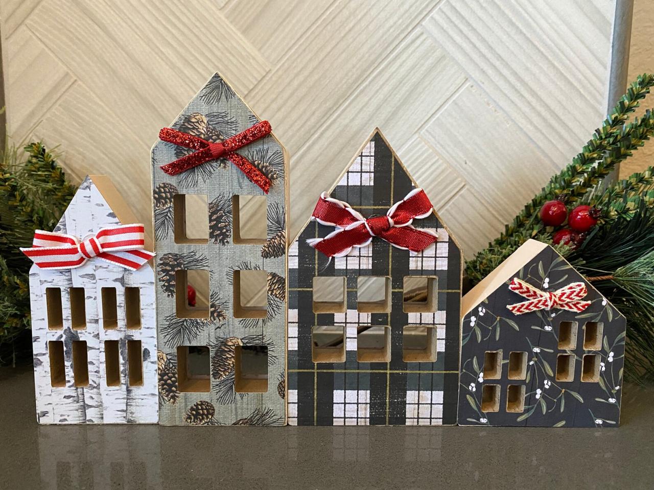 wooden houses christmas decor Wood Christmas Houses Set of 4 Christmas Decor Rustic Etsy