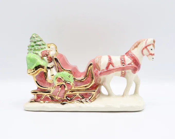 horse and sleigh christmas decor Christmas Horse and Sleigh Figurine Vintage Christmas Decor Etsy