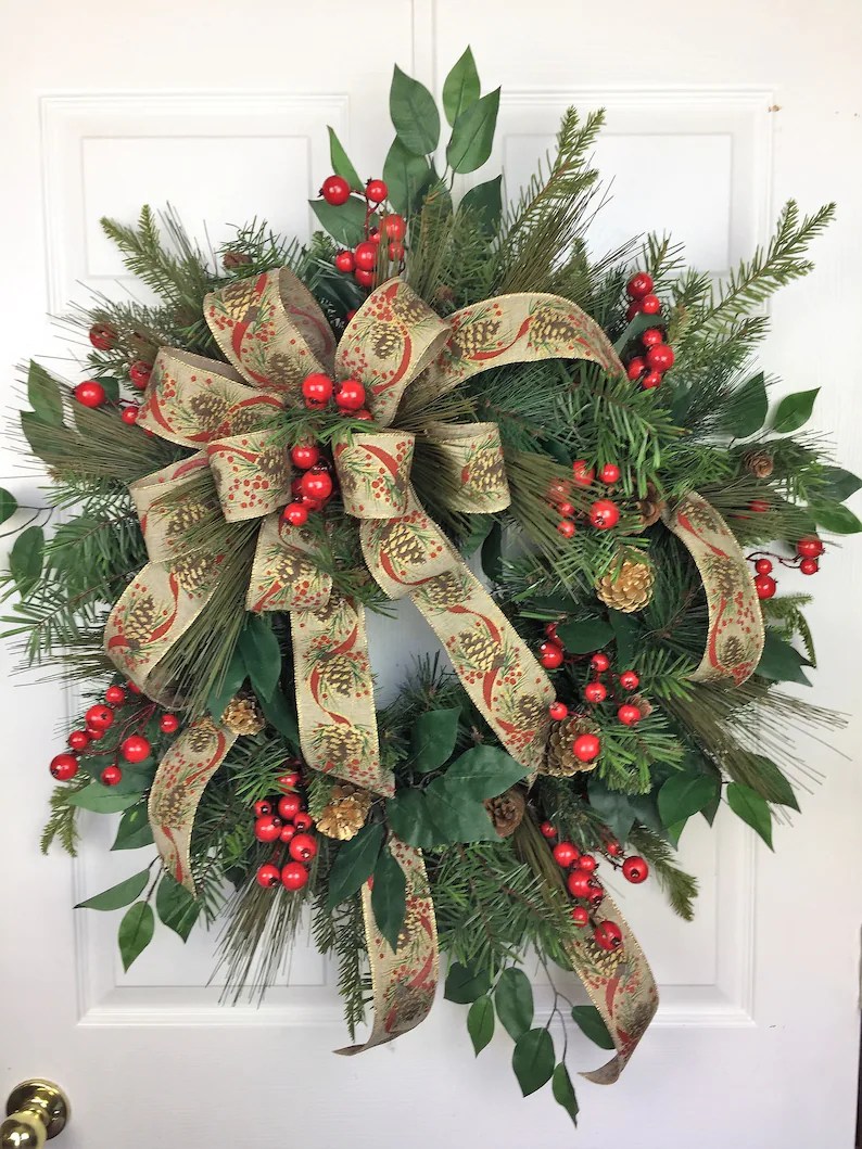 christmas wreath wall decor Traditional Christmas Wreath Christmas Wreath Pinecones Etsy