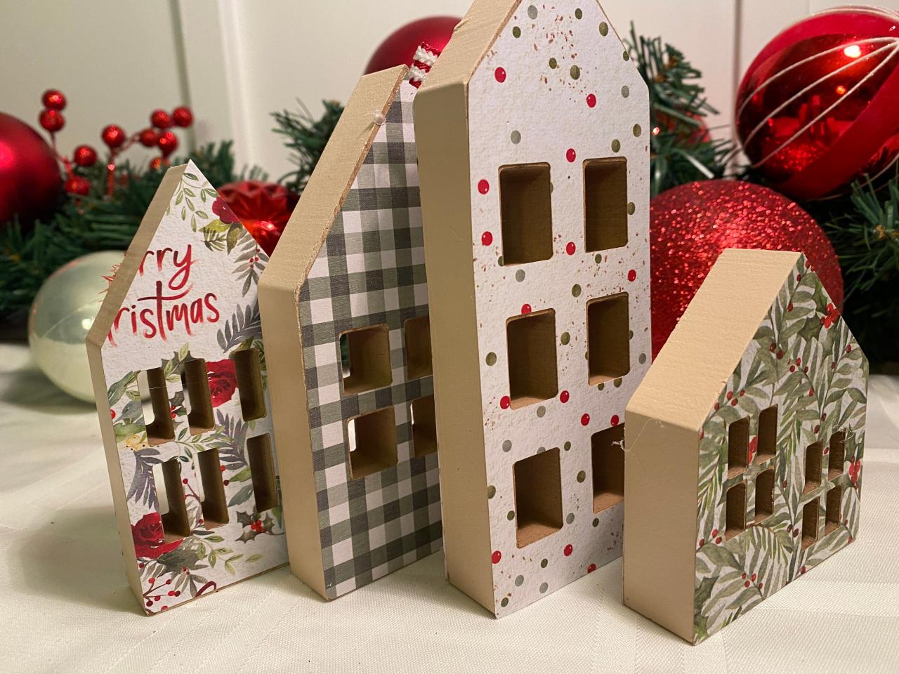 wooden houses christmas decor Wood Christmas Houses Set of 4 Christmas Decor Rustic Etsy