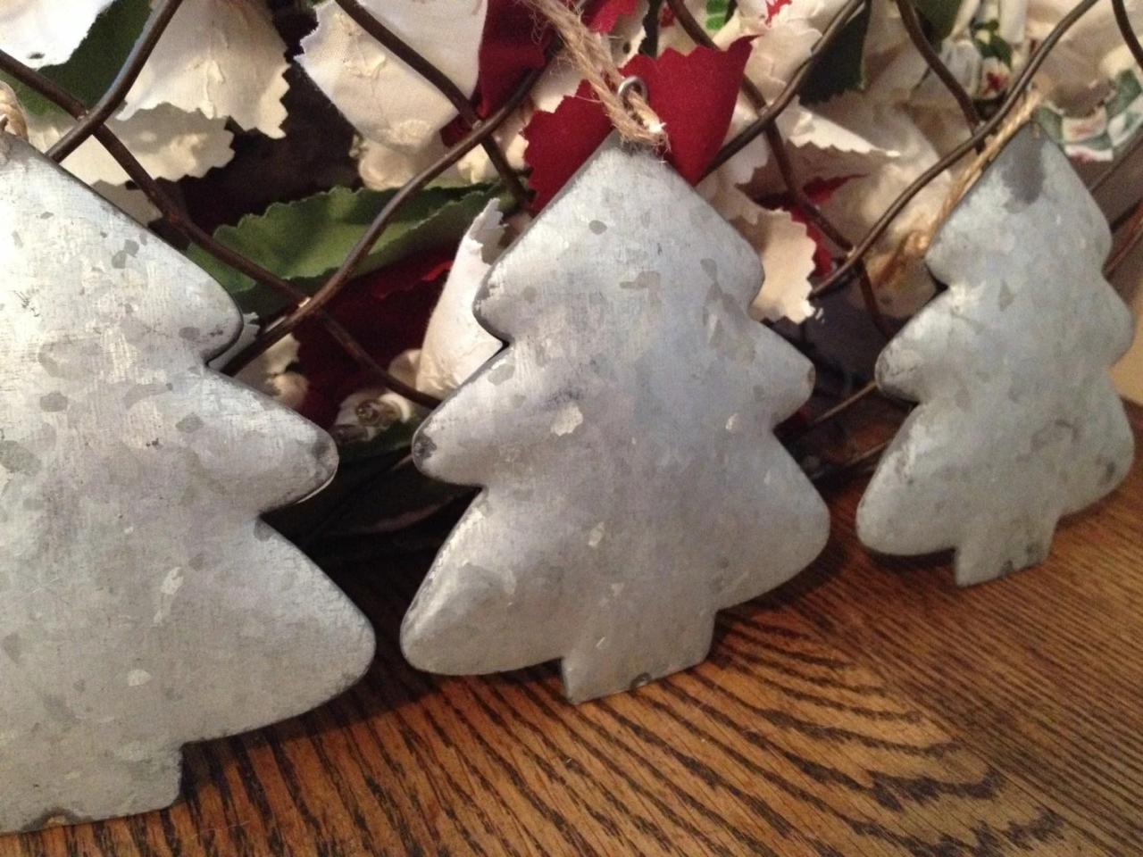 galvanized metal christmas decor 3D Galvanized Metal Christmas Tree Ornaments Set of 3 Rustic