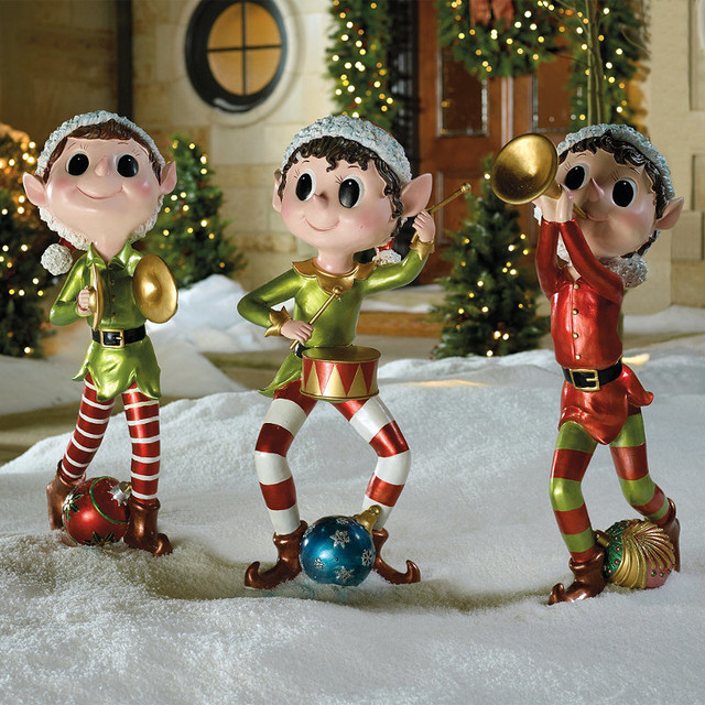 elf outdoor christmas decor Set of Three Pixie Elves Frontgate Outdoor Christmas Decorations